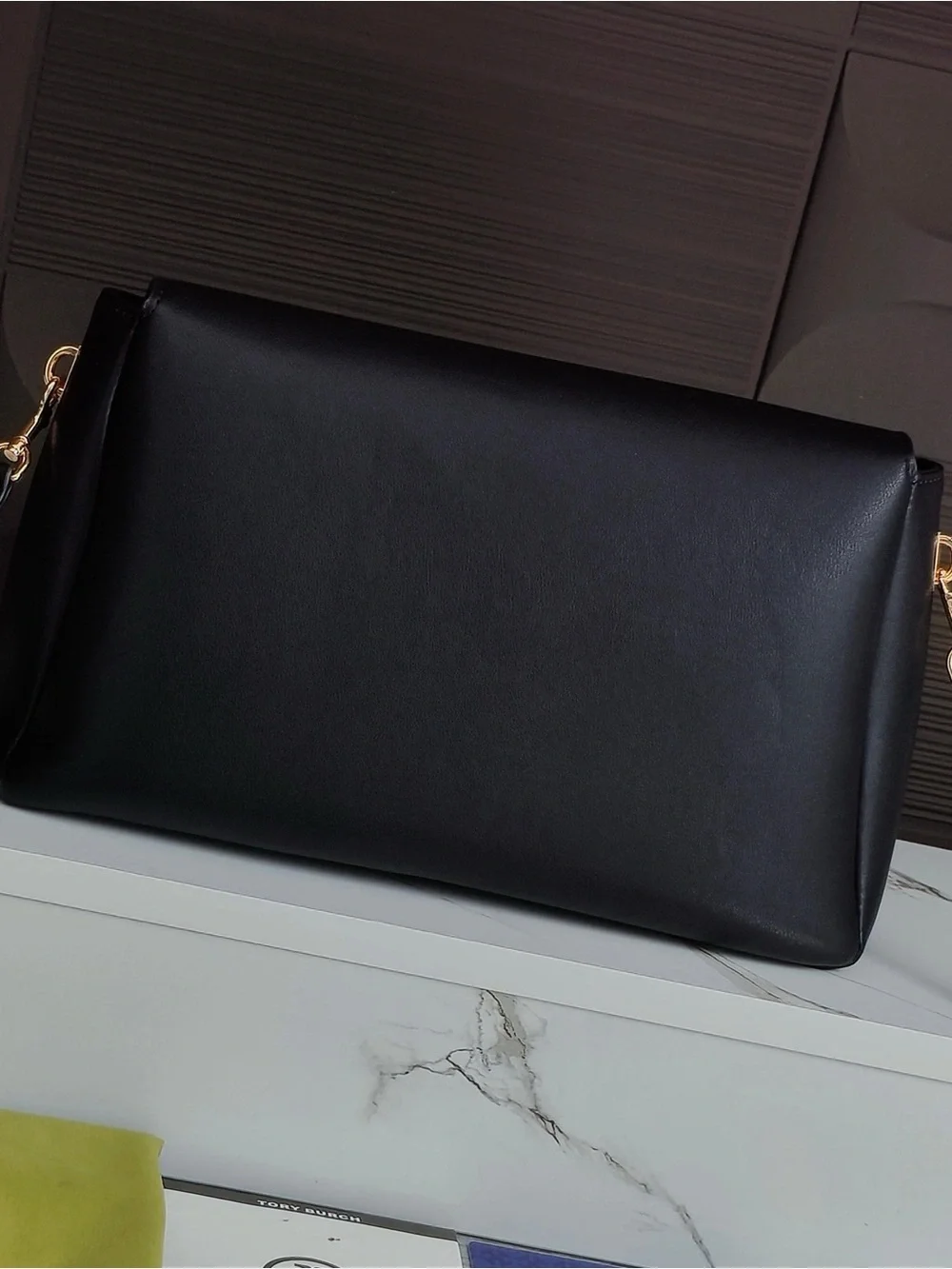 Tory Burch Black Leather Flap Shoulder Bag with Gold Hardware